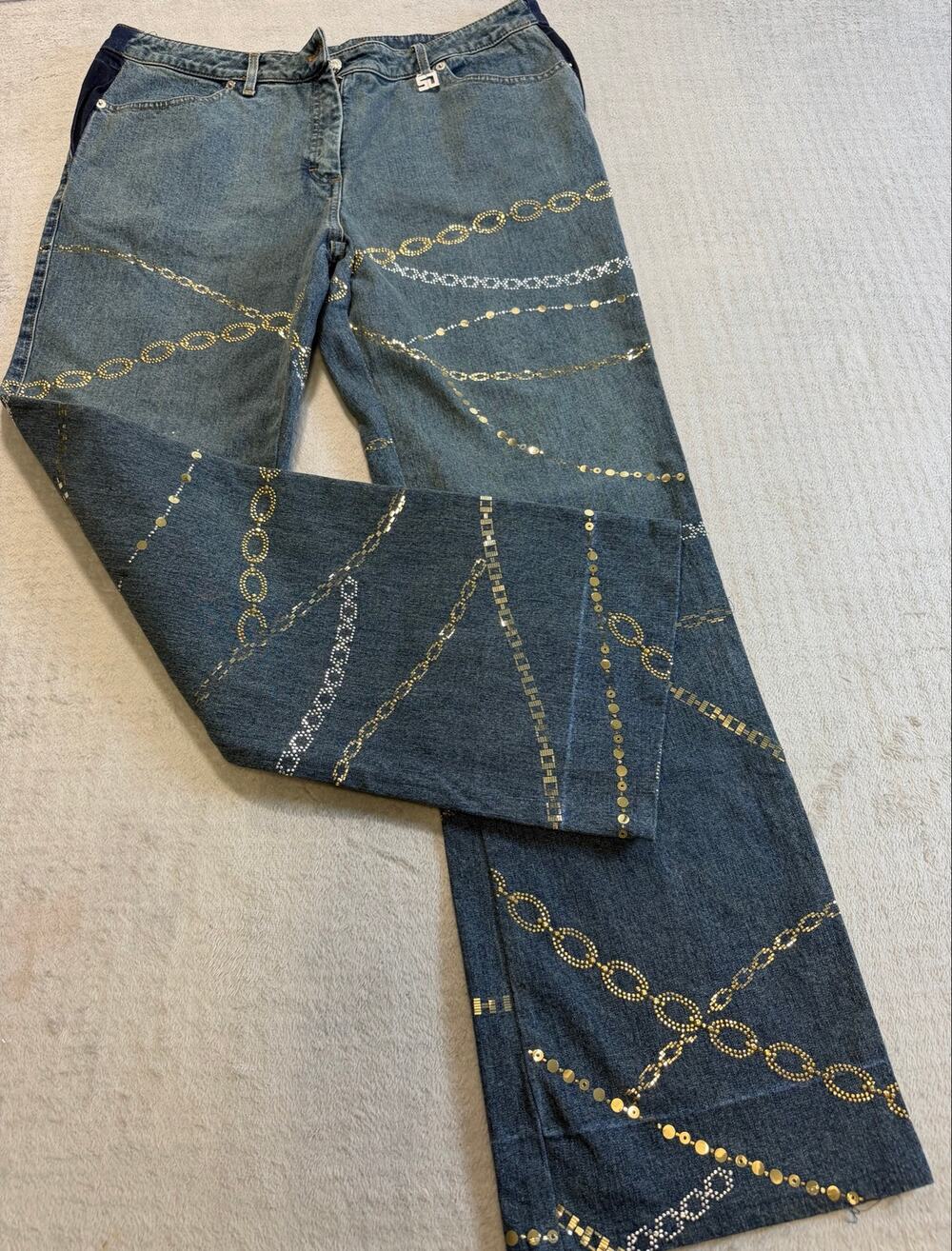 St. John Sport Marie Gray Embellished Chain Rhinestone Wide Leg Jeans Denim